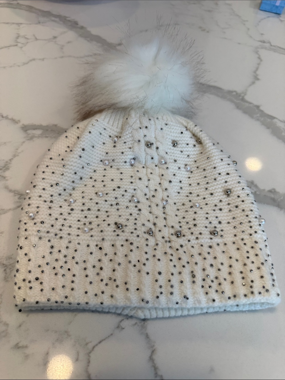 Embellished White Knit Pom Beanie with Faux-Fur Pom